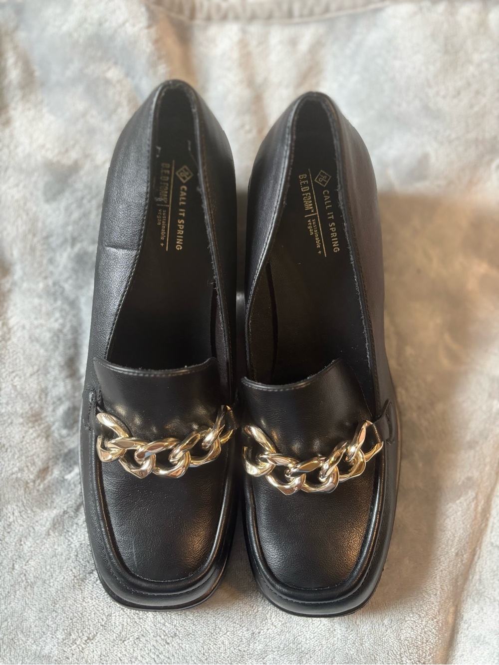 Call It Spring Black Block Heel Chain-Accent Women's Loafers- Sz 10